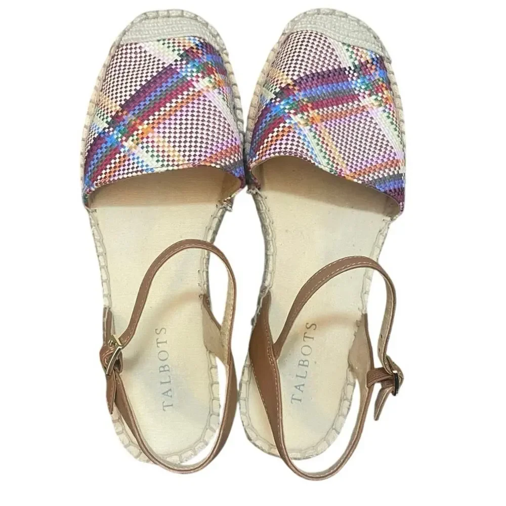 Talbots Espadrilles 7 1/2 IZZY D'ORSAY Closed Toe Ankle Strap Woven Madras Flats
